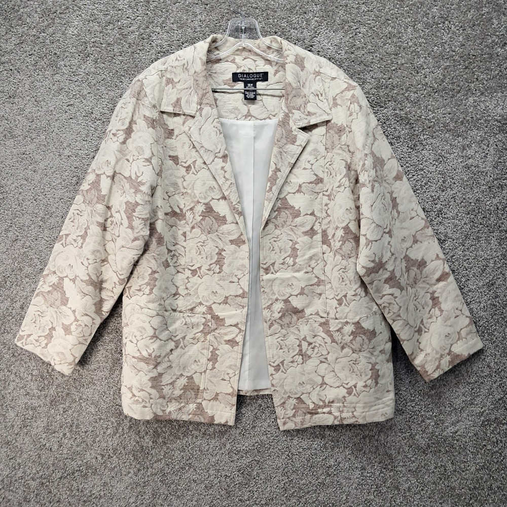 Dialogue Womens 18W Floral Jacquard Linen Cotton Blazer Jacket Beige Tan 7373